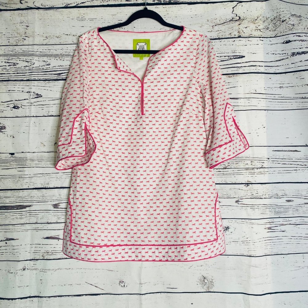 Elizabeth McKay Womens Tunic Cotton 3/4 Sleeve Horse Print Top Pink Size Large
